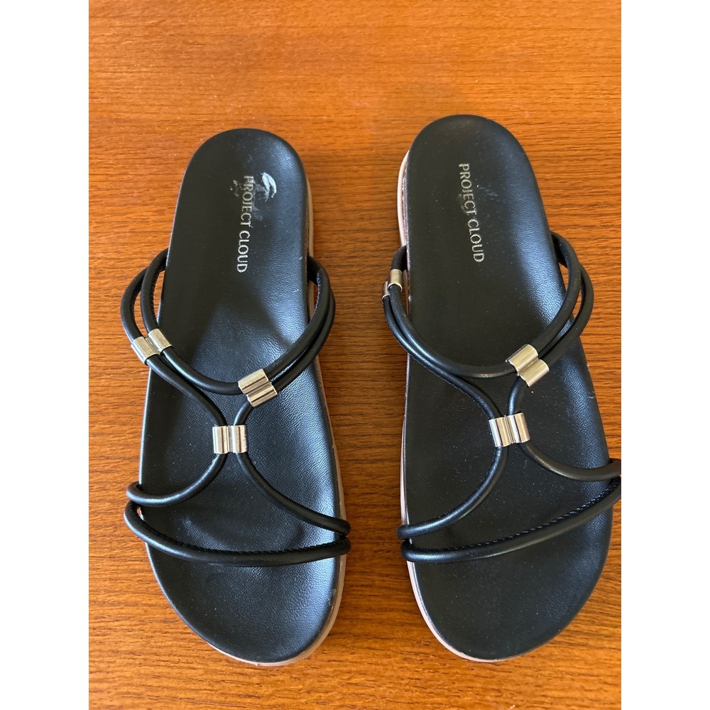 Project Cloud Womens Black Strappy Slide Sandals Silver Hardware Size 8M